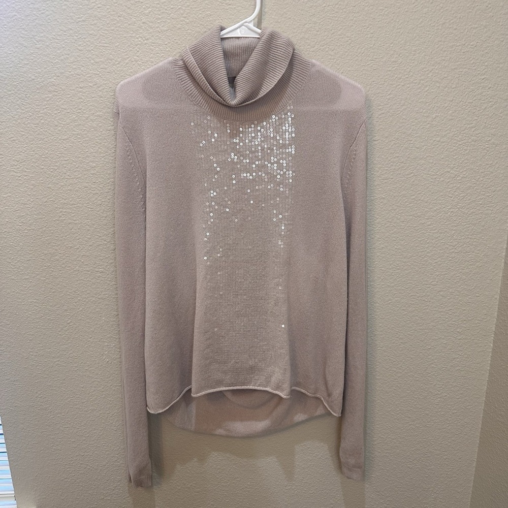 Halston Heritage Cashmere Turtleneck Sweater Dusty Pink XL Open Back Sequins